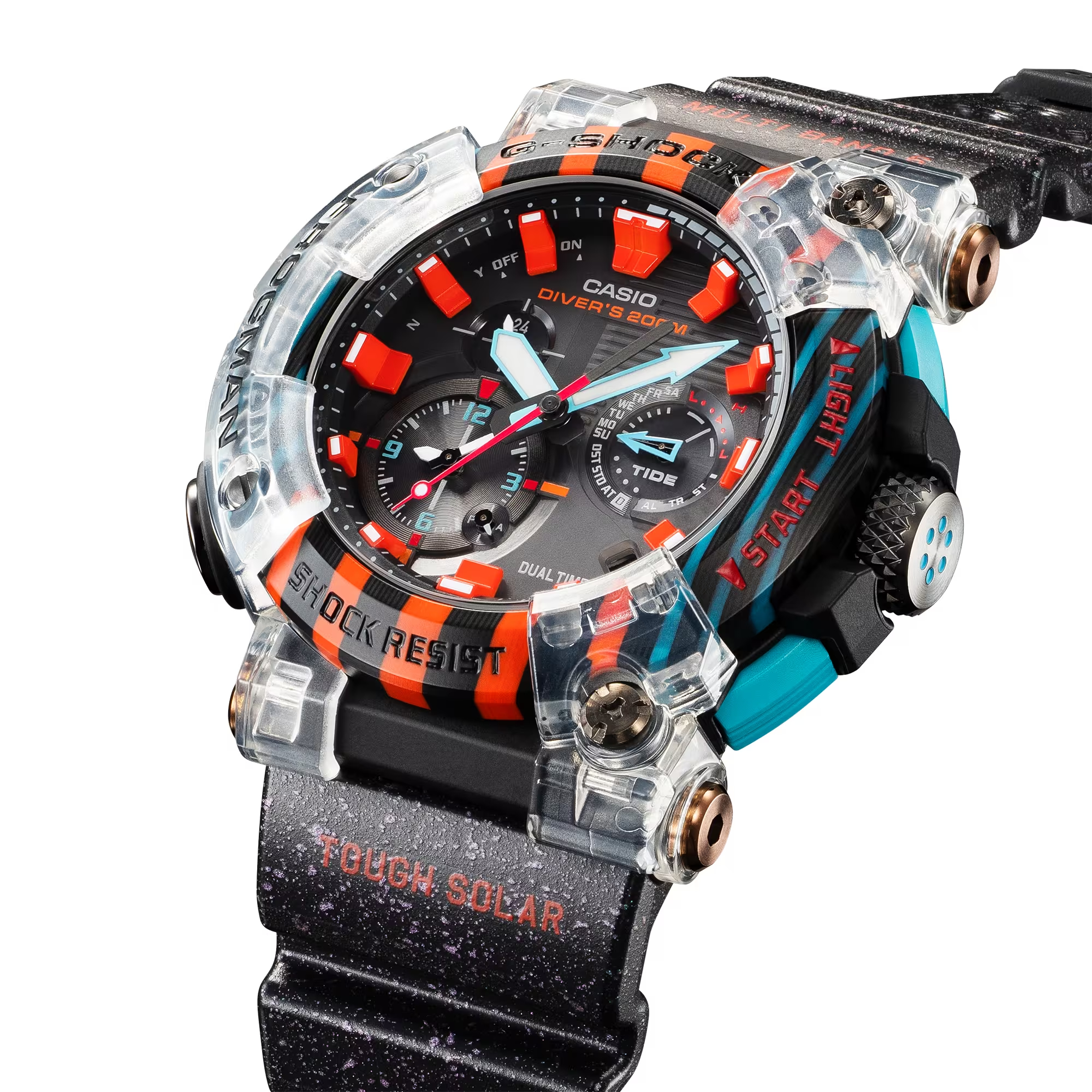 Exact GWF-A1000APF model showing its translucent bezel and orange-blue layered carbon.